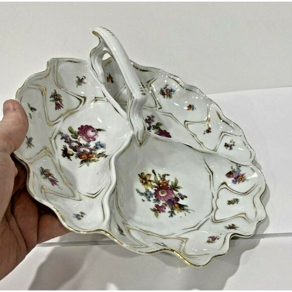 Vintage porcelain center handle server bowl 3-part vegie display white & floral - Picture 3 of 9